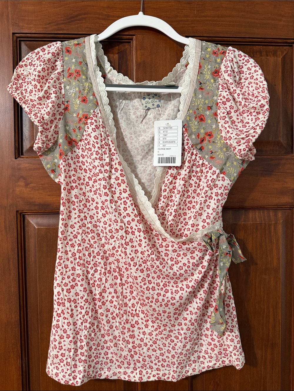 Anthropologie Pink Floral Wrap Tunic with Olive Floral Yoke